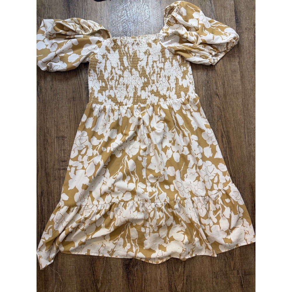 Mango MNG Floral Smocked Puff Sleeve Mini Dress Mustard Yellow White Size S - Picture 7 of 7